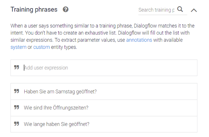 Dialogflow Training Phrases